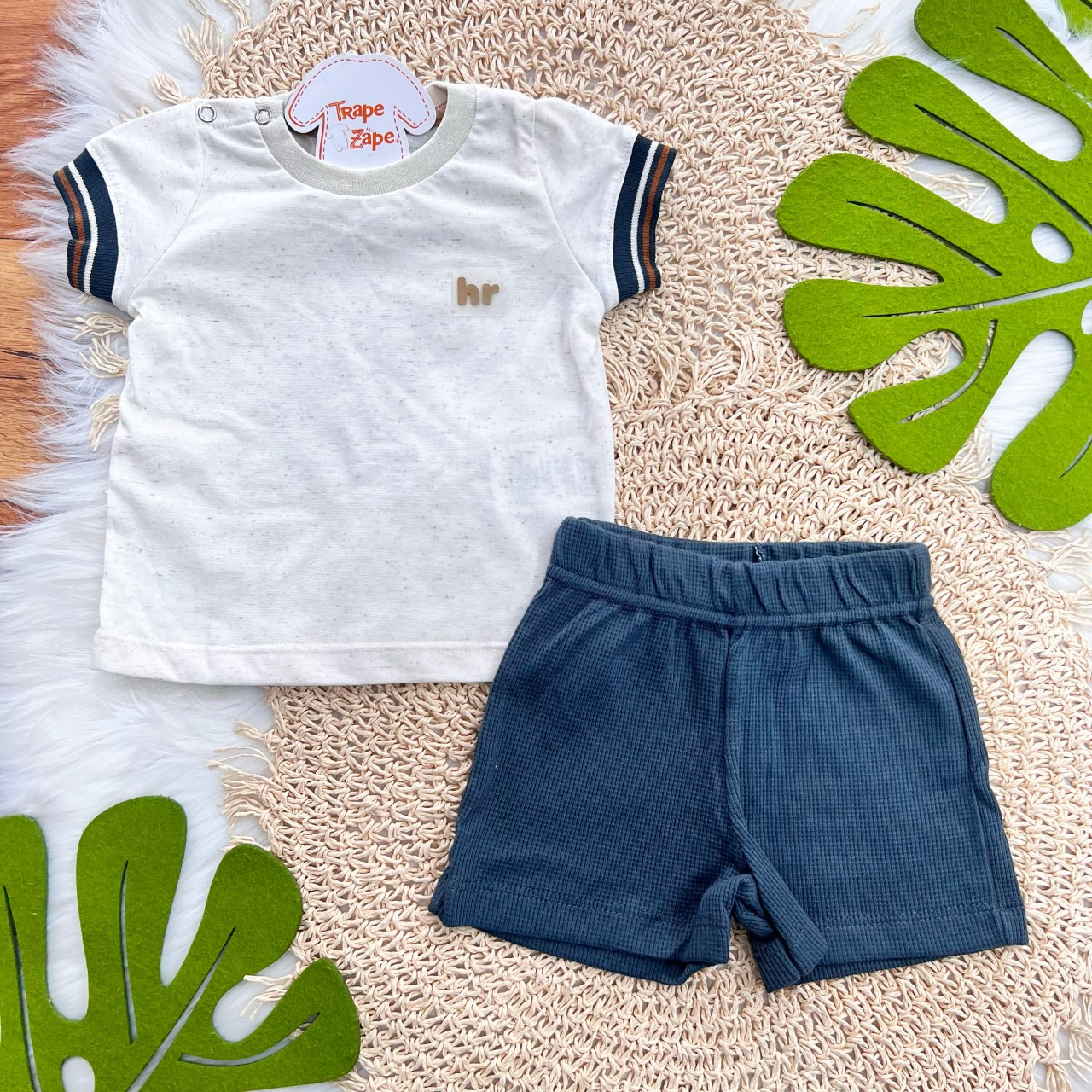  Conj. Camiseta HR com Listras nas Mangas e Bermuda - Chumbo